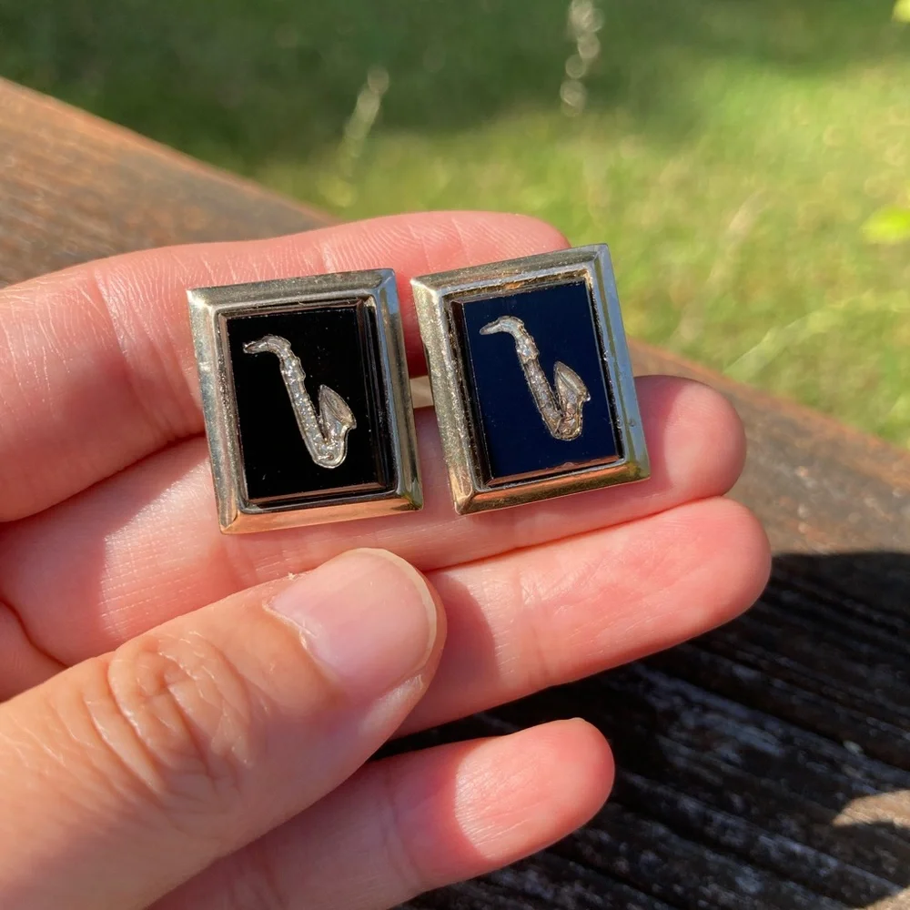 Vintage Black Glass Etched Saxophone Silver Tone Cufflinks